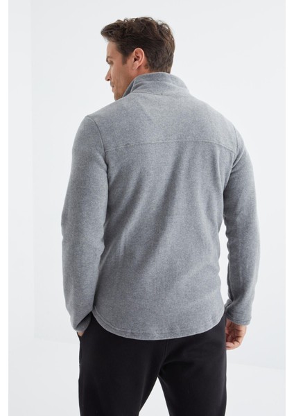 Gri Melanj Fermuarlı Dik Yaka Standart Kalıp Erkek Polar Sweatshirt - 88134