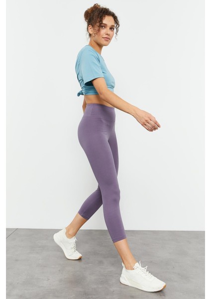 Eflatun Yüksek Bel Slim Fit Dar Paça Kadın Kapri Tayt - 93097