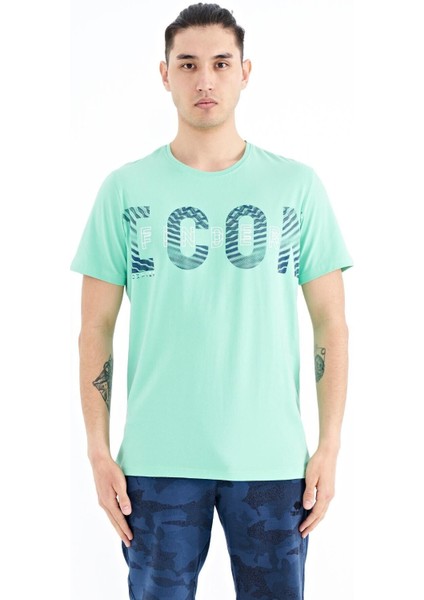 Su Yeşili Yazı Baskı Detaylı O Yaka Standart Kalıp Erkek T-Shirt - 88187
