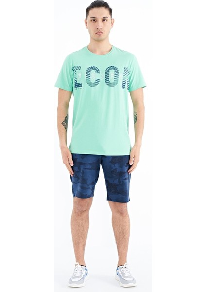 Su Yeşili Yazı Baskı Detaylı O Yaka Standart Kalıp Erkek T-Shirt - 88187