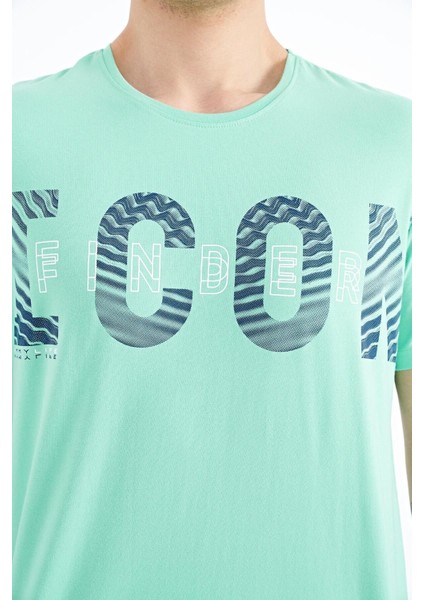 Su Yeşili Yazı Baskı Detaylı O Yaka Standart Kalıp Erkek T-Shirt - 88187