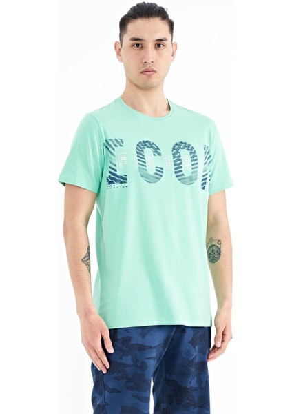 Su Yeşili Yazı Baskı Detaylı O Yaka Standart Kalıp Erkek T-Shirt - 88187