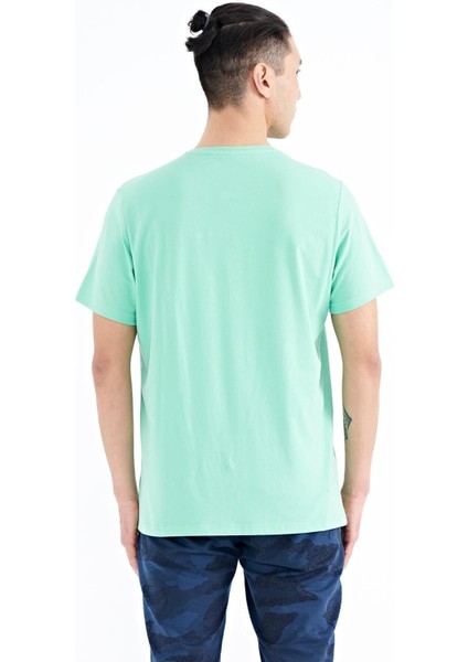 Su Yeşili Yazı Baskı Detaylı O Yaka Standart Kalıp Erkek T-Shirt - 88187