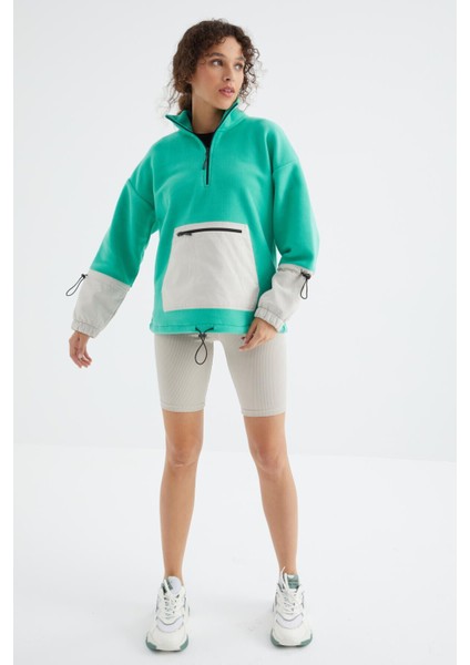 Deniz Yeşili Etek Ucu Büzgülü Yarım Fermuarlı Oversize Kadın Polar Sweatshirt - 97238 fiyatları
