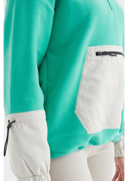 Deniz Yeşili Etek Ucu Büzgülü Yarım Fermuarlı Oversize Kadın Polar Sweatshirt - 97238