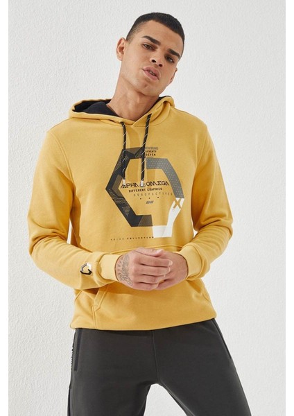 Hardal Geometrik Baskılı Standart Kalıp Kapüşonlu Erkek Sweatshirt - 87870