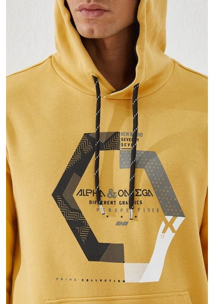 Hardal Geometrik Baskılı Standart Kalıp Kapüşonlu Erkek Sweatshirt - 87870