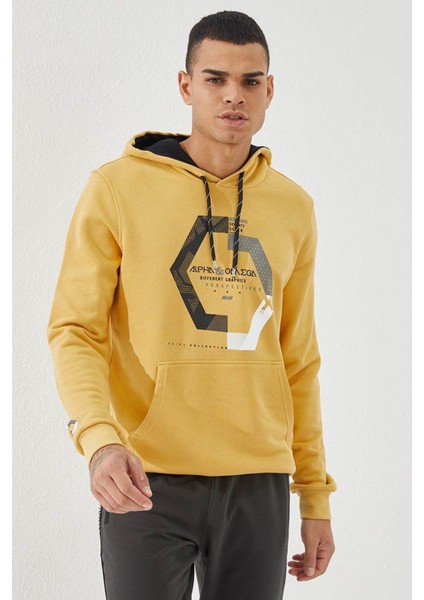 Hardal Geometrik Baskılı Standart Kalıp Kapüşonlu Erkek Sweatshirt - 87870