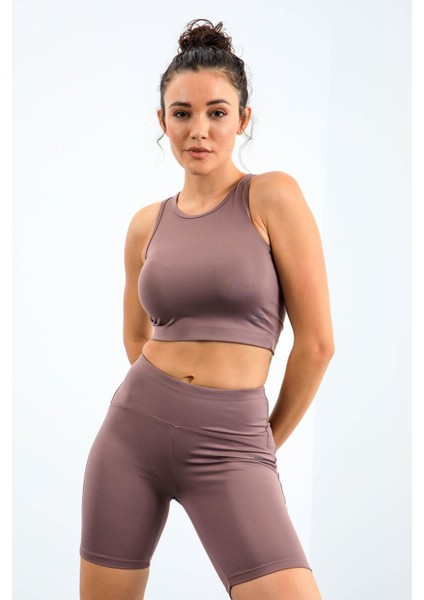 Gül Kurusu Yüksek Bel Toparlayıcı Dar Kalıp Crop Biker Kadın Tayt Takım - 95302