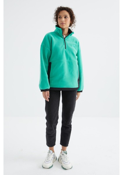 Deniz Yeşili Yarım Fermuar Etek Ucu Büzgülü Dik Yaka Oversize Kadın Polar Sweatshirt - 97236 modelleri