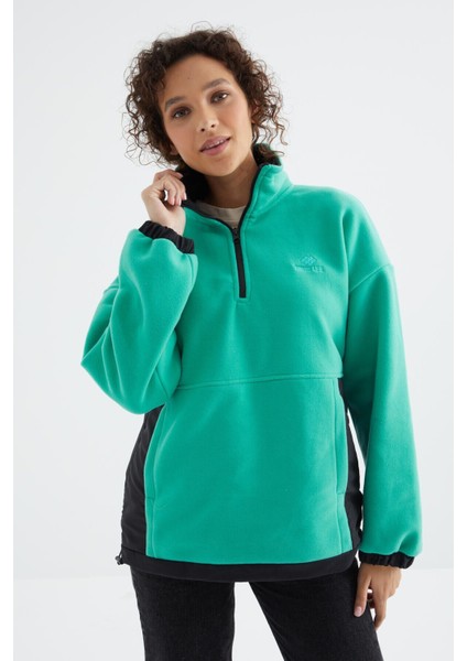 Deniz Yeşili Yarım Fermuar Etek Ucu Büzgülü Dik Yaka Oversize Kadın Polar Sweatshirt - 97236 fırsatları