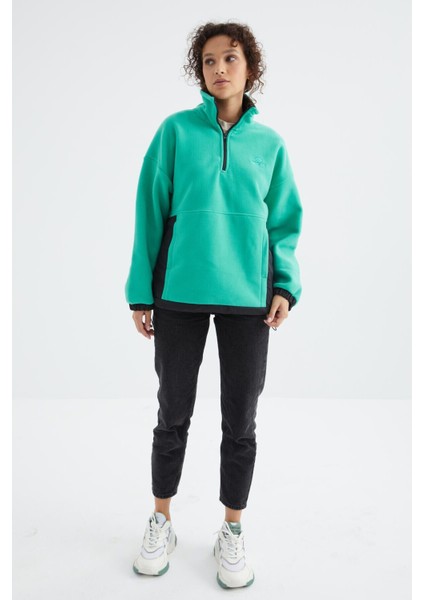 Deniz Yeşili Yarım Fermuar Etek Ucu Büzgülü Dik Yaka Oversize Kadın Polar Sweatshirt - 97236