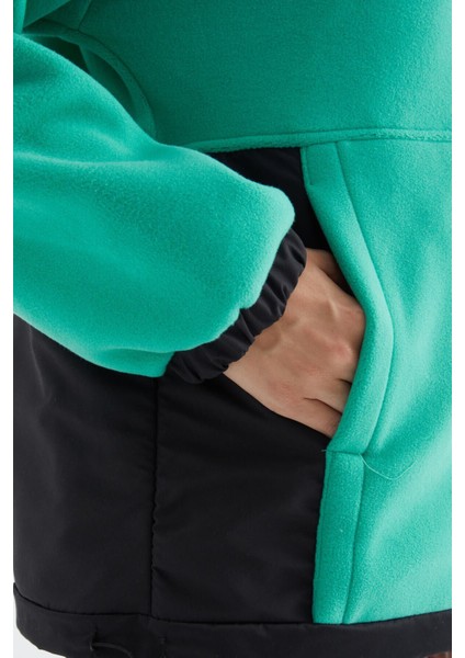 Deniz Yeşili Yarım Fermuar Etek Ucu Büzgülü Dik Yaka Oversize Kadın Polar Sweatshirt - 97236