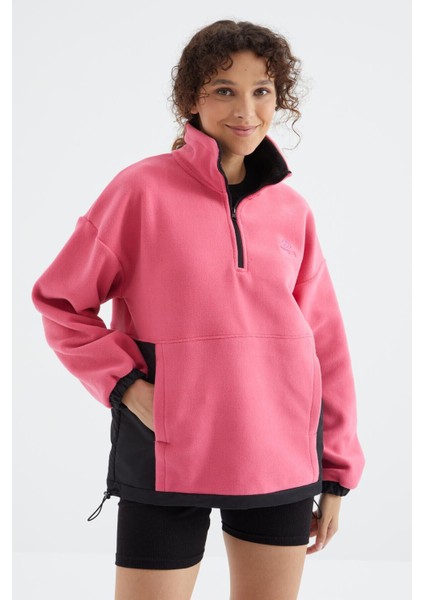 Şeker Pembe Yarım Fermuar Etek Ucu Büzgülü Dik Yaka Oversize Kadın Polar Sweatshirt - 97236