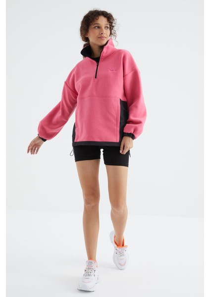 Şeker Pembe Yarım Fermuar Etek Ucu Büzgülü Dik Yaka Oversize Kadın Polar Sweatshirt - 97236 fiyatları