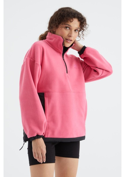 Şeker Pembe Yarım Fermuar Etek Ucu Büzgülü Dik Yaka Oversize Kadın Polar Sweatshirt - 97236 modelleri