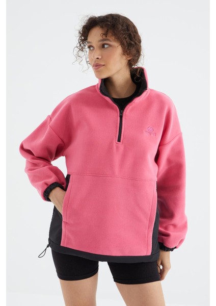 Şeker Pembe Yarım Fermuar Etek Ucu Büzgülü Dik Yaka Oversize Kadın Polar Sweatshirt - 97236 indirimleri