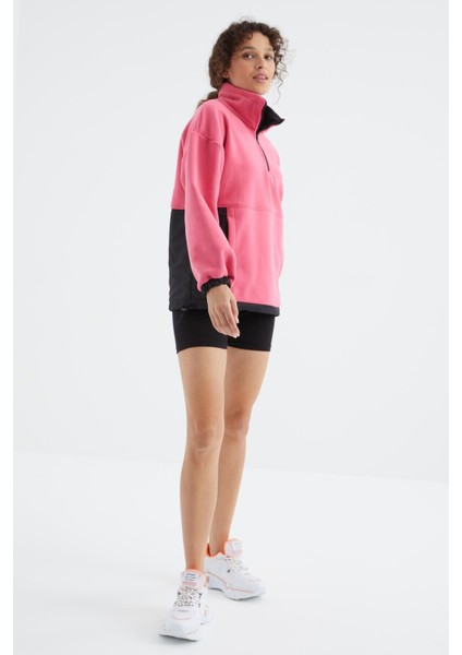 Şeker Pembe Yarım Fermuar Etek Ucu Büzgülü Dik Yaka Oversize Kadın Polar Sweatshirt - 97236