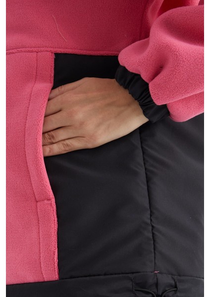 Şeker Pembe Yarım Fermuar Etek Ucu Büzgülü Dik Yaka Oversize Kadın Polar Sweatshirt - 97236