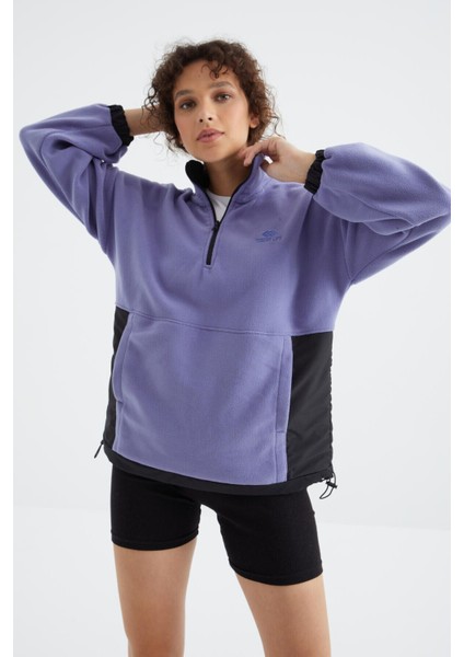 Açık Eflatun Yarım Fermuar Etek Ucu Büzgülü Dik Yaka Oversize Kadın Polar Sweatshirt - 97236
