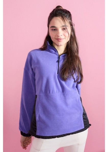 Açık Eflatun Yarım Fermuar Etek Ucu Büzgülü Dik Yaka Oversize Kadın Polar Sweatshirt - 97236 fiyatları
