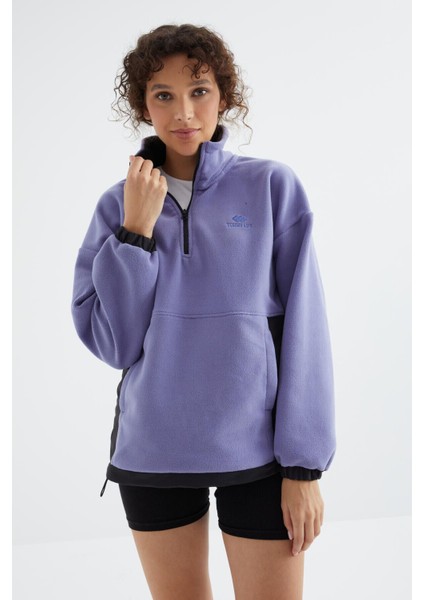Açık Eflatun Yarım Fermuar Etek Ucu Büzgülü Dik Yaka Oversize Kadın Polar Sweatshirt - 97236