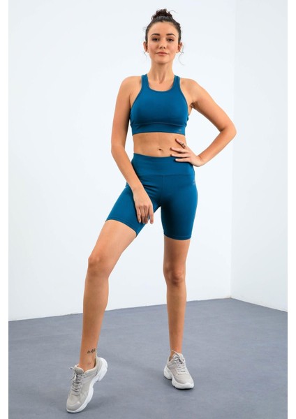 Zümrüt Yüksek Bel Toparlayıcı Slim Fit Büstiyer Biker Kadın Tayt Takım - 95303