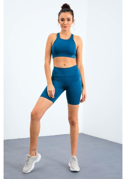 Zümrüt Yüksek Bel Toparlayıcı Slim Fit Büstiyer Biker Kadın Tayt Takım - 95303