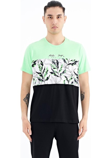 Neon Yeşil Renk Geçişli Baskı Detaylı O Yaka Standart Kalıp Erkek T-Shirt - 88177