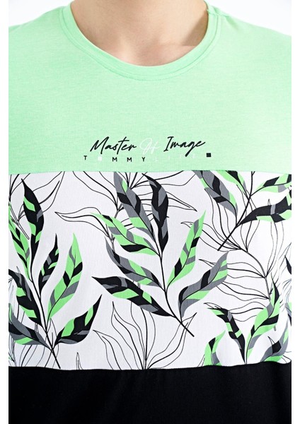 Neon Yeşil Renk Geçişli Baskı Detaylı O Yaka Standart Kalıp Erkek T-Shirt - 88177