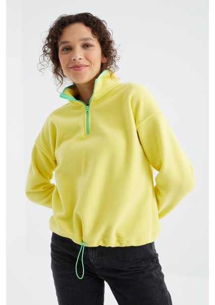 Limon Yarım Fermuar Etek Ucu Büzgülü Dik Yaka Oversize Kadın Polar Sweatshirt - 97234