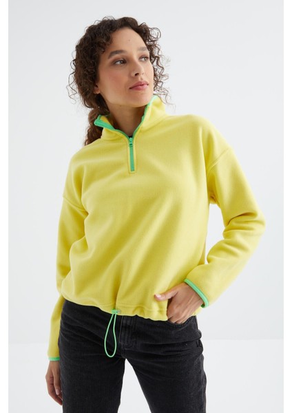 Limon Yarım Fermuar Etek Ucu Büzgülü Dik Yaka Oversize Kadın Polar Sweatshirt - 97234