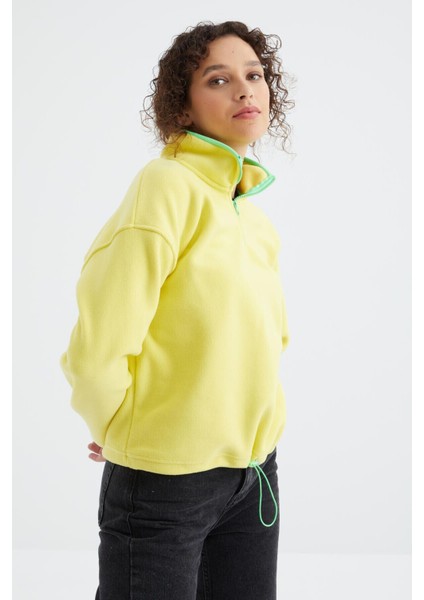 Limon Yarım Fermuar Etek Ucu Büzgülü Dik Yaka Oversize Kadın Polar Sweatshirt - 97234