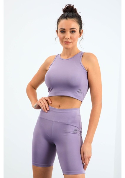 Eflatun Yüksek Bel Toparlayıcı Dar Kalıp Crop Biker Kadın Tayt Takım - 95302