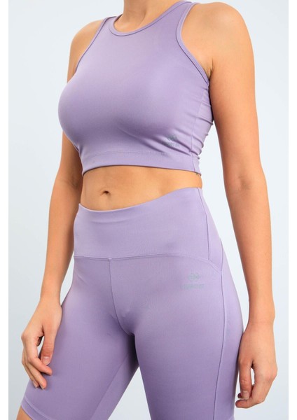 Eflatun Yüksek Bel Toparlayıcı Dar Kalıp Crop Biker Kadın Tayt Takım - 95302
