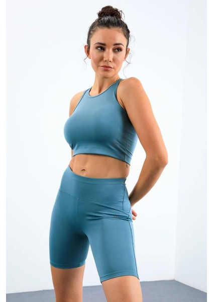 Mint Yeşil Yüksek Bel Toparlayıcı Dar Kalıp Crop Biker Kadın Tayt Takım - 95302 modelleri