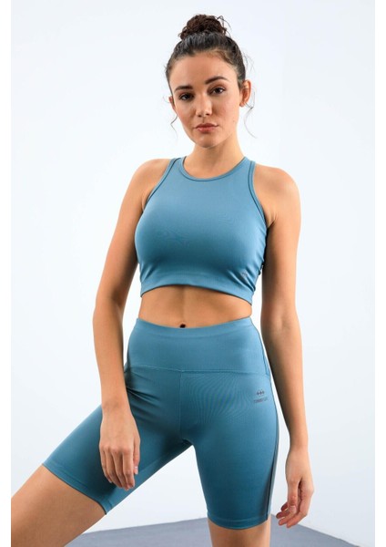 Mint Yeşil Yüksek Bel Toparlayıcı Dar Kalıp Crop Biker Kadın Tayt Takım - 95302