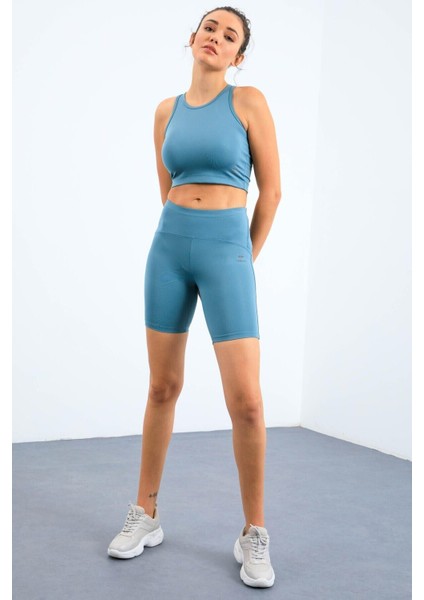 Mint Yeşil Yüksek Bel Toparlayıcı Dar Kalıp Crop Biker Kadın Tayt Takım - 95302
