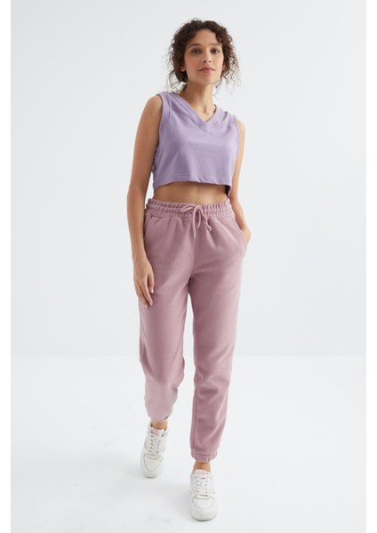 Gül Kurusu Yüksek Bel Basic Bağcıklı Jogger Polar Kadın Eşofman Alt - 94622