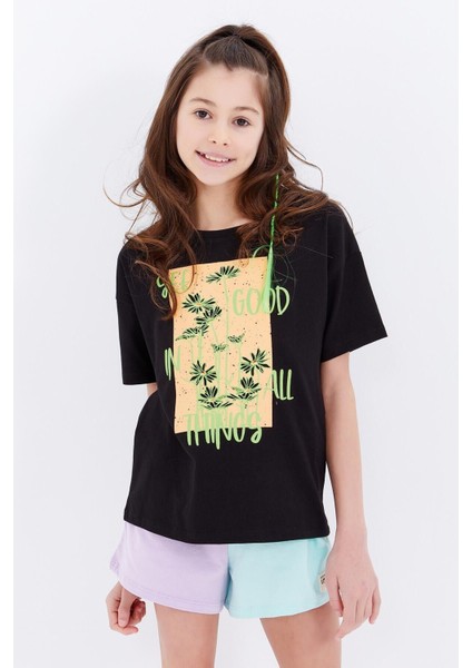Tommy Life Siyah Oversize Yazı Baskılı O Yaka Düşük Omuz Kız Çocuk T-Shirt - 75032