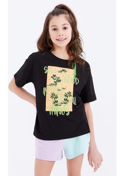 Tommy Life Siyah Oversize Yazı Baskılı O Yaka Düşük Omuz Kız Çocuk T-Shirt - 75032