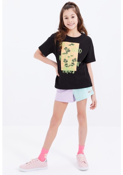 Tommy Life Siyah Oversize Yazı Baskılı O Yaka Düşük Omuz Kız Çocuk T-Shirt - 75032