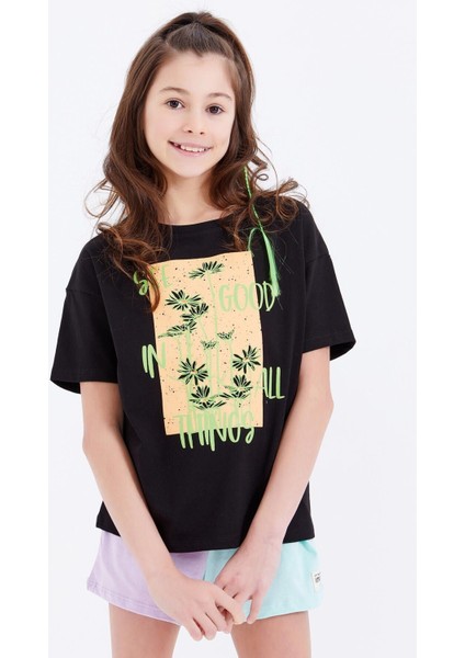 Tommy Life Siyah Oversize Yazı Baskılı O Yaka Düşük Omuz Kız Çocuk T-Shirt - 75032
