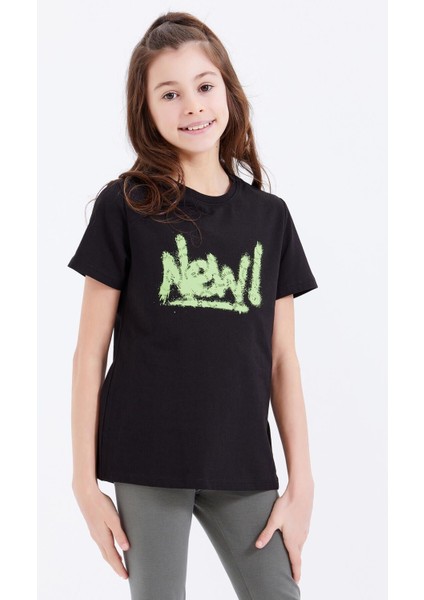 Siyah Basic Yazı Baskılı O Yaka Rahat Form Kız Çocuk T-Shirt - 75041