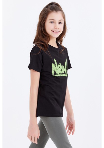 Siyah Basic Yazı Baskılı O Yaka Rahat Form Kız Çocuk T-Shirt - 75041