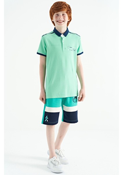Su Yeşili Baskı Detaylı Standart Kalıp Polo Yaka Erkek Çocuk T-Shirt - 11140 fiyatları