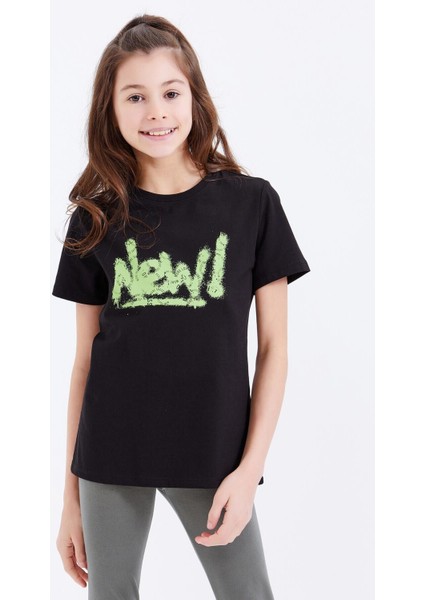 Siyah Basic Yazı Baskılı O Yaka Rahat Form Kız Çocuk T-Shirt - 75041