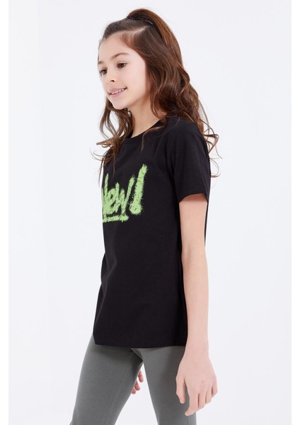 Siyah Basic Yazı Baskılı O Yaka Rahat Form Kız Çocuk T-Shirt - 75041