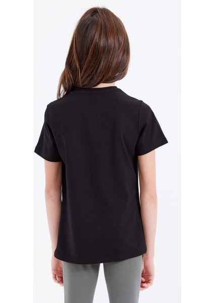 Siyah Basic Yazı Baskılı O Yaka Rahat Form Kız Çocuk T-Shirt - 75041