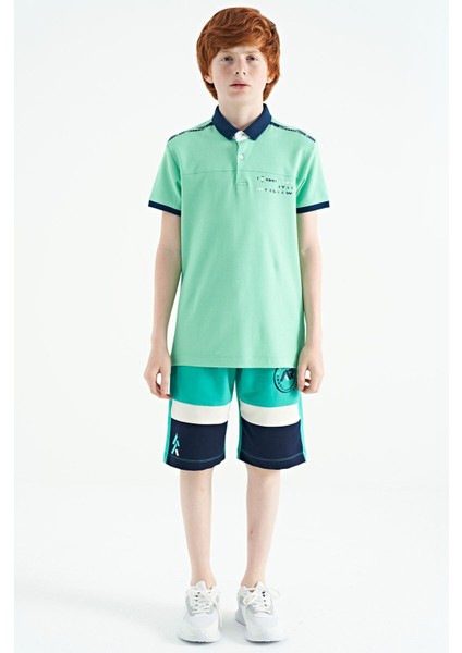 Su Yeşili Baskı Detaylı Standart Kalıp Polo Yaka Erkek Çocuk T-Shirt - 11140